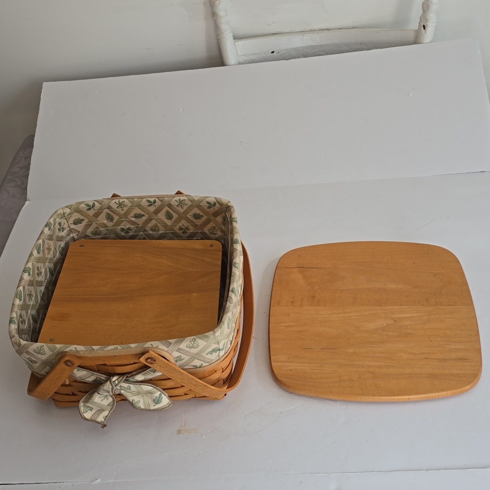 Longaberger Vintage Cake Pie Woven Basket Fabric Plastic Liner Wood Stand Cover - Picture 7 of 17